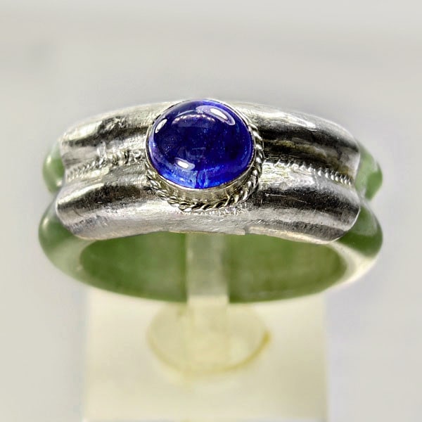 Natural Genuine Burmese Jade 33.03 Ct. Ring Diameter With Silver Blue Sapphire  Size 8.5 (1 of 3)