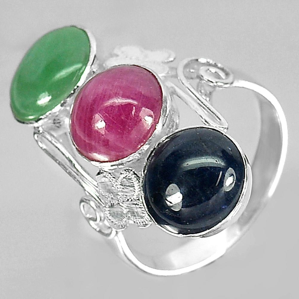 Natural Jade Ruby and Sapphire Sterling Silver Ring Jewelry 4.75 G. Size 7 (1 of 3)