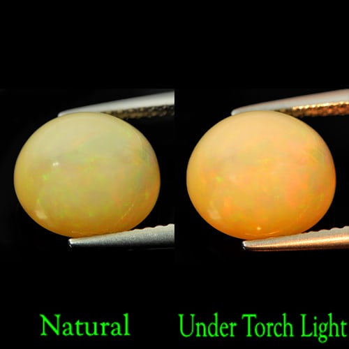Natural Multi Color Opal 3.73 Ct. Oval Cabochon Shape 10.7 x 9.6 Mm Gemstone From Ethiopia: Product ID: 818707708 Product Name: Natural Opal Weight: 3.73 CT. Size: 10.7 x 9.6 x 7.1 MM. Shape: Oval Cabochon Color: Multi-Color Clarity:Opaque Luster: Iridescent Gems Origin: Ethiopia Treatment: 