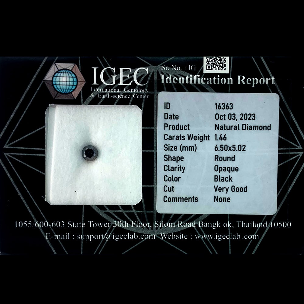 Natural Black Diamond 1.46 Ct. Round Brilliant Cut 6.50 x 5.02 Mm. From Belgium: Product ID: 502100029 Product Name: Natural Enhanced Diamond Weight: 1.46 CT. Size: 6.50 x 5.02 MM. Shape: Round Brilliant Cut Color: black Clarity:Opaque Luster: Good Gems Origin: Belgium Treatment: 