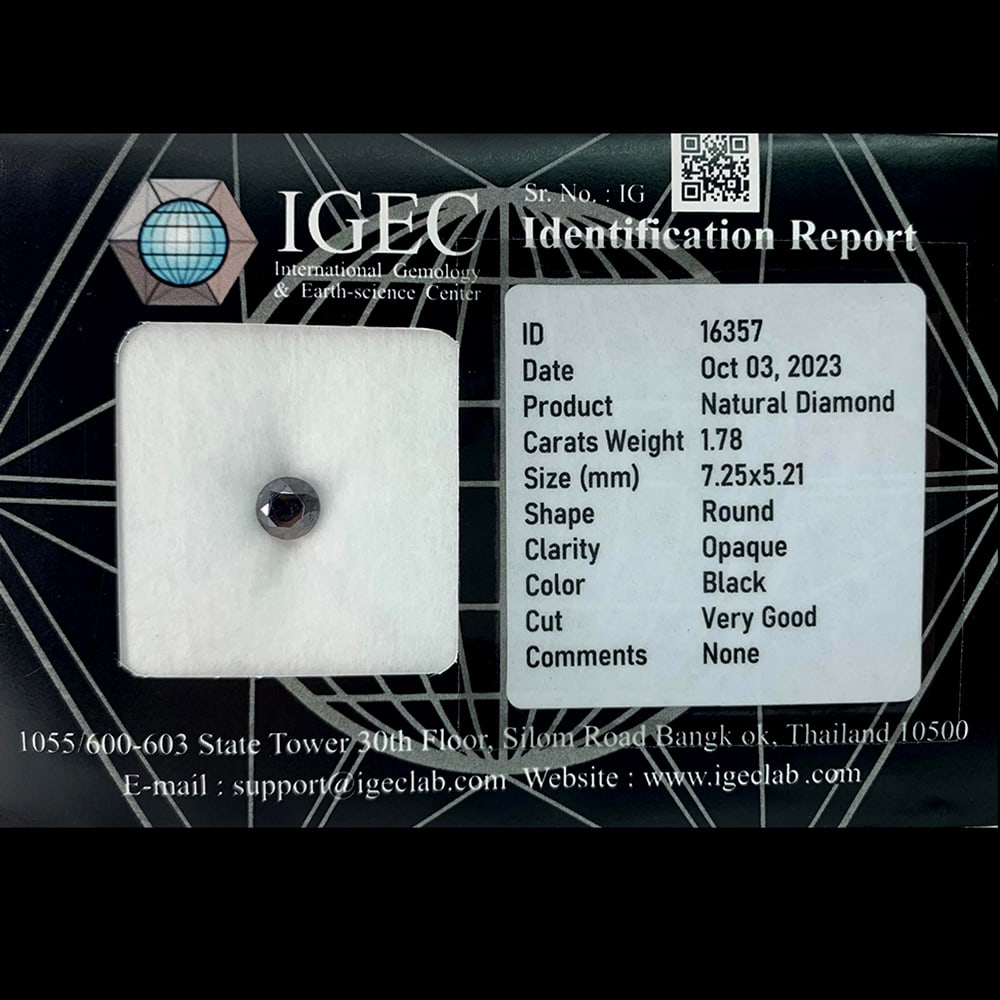 Natural Black Diamond 1.78 Ct. Round Brilliant Cut 7.25 x 5.21 Mm. From Belgium (1 of 3)