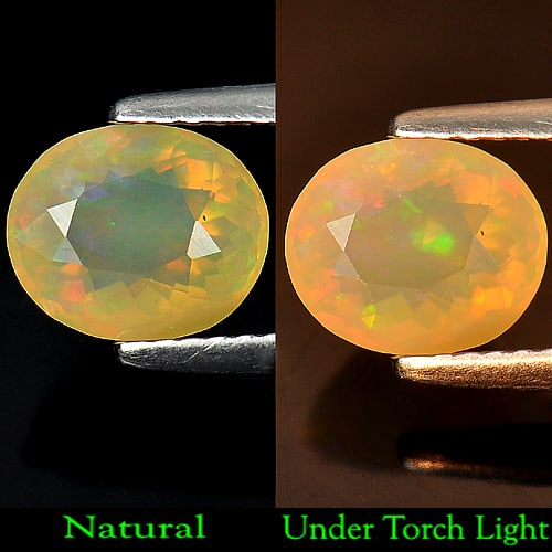Natural Multi Color Opal 1.08 Ct. Oval Shape 8 x 6.7 Mm. Unheated Gemstone: Product ID: 818715549 Product Name: Natural Opal Weight: 1.08 CT. Size: 8 x 6.7 x 5 MM. Shape: Oval Color: Multi Color Clarity:Semi - Transparent Luster: Strong Iredescent Gems Origin: Ethiopia Treatm