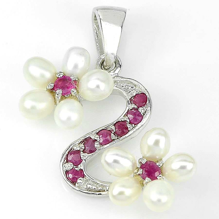 Natural Gems Red Ruby And White Pearl 925 Sterling Silver Pendant Jewelry 3.89 G. (1 of 3)