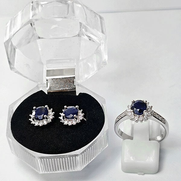 Natural Blue Sapphire 925 Sterling Silver Jewelry Sets Ring Size 8 And Earrings (1 of 3)