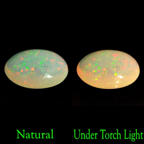Natural Multi Color Opal 1.03 Ct. Oval Cabochon Shape 9 x 7.3 Mm. Unheated Gemstone: Product ID: 818727476 Product Name: Natural Opal Weight: 1.03 CT. Size: 9 x 7.3 x 3.3 MM. Shape: Oval Cabochon Color: Multi Color Clarity:Semi - Transparent Luster: Good Gems Origin: Ethiopia Treatmen