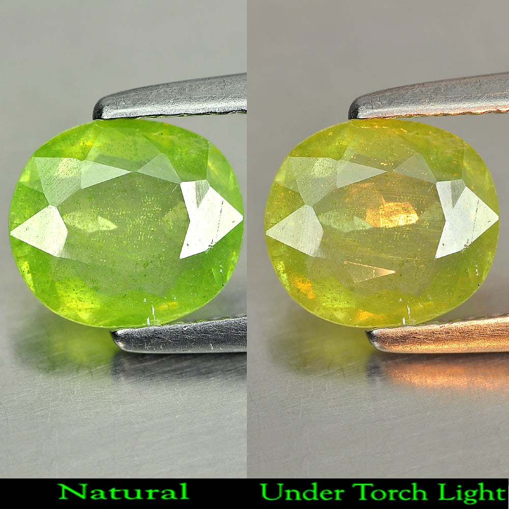 Natural Green Titanium Sphene With Rainbow Spark 1.24 Ct. Oval Shape 8 x 7 Mm Gemstone: Product ID: 806507829 Product Name: Natural Sphene Weight: 1.24 CT. Size: 8 x 7 x 2.4 MM. Shape: Oval Color: Green With Rainbow Spark Clarity:SI1 Luster: Adamantine Gems Origin: Madagascar Treatment: 