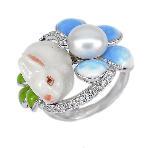 Natural White Pearl Rabbit Enamel 925 Sterling Silver Jewelry 7.90 Grams Ring Size 6 (1 of 3)
