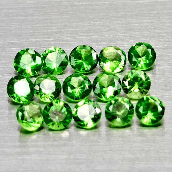 Natural Green Tsavorite Garnet 0.71 Ct. 15 Pcs Round Diamond Cut 2.2 Mm Gemstones From Tanzania: Product ID: 803005017 Product Name: Natural Tsavorite Weight: 0.71 CT. Size: 2.2 x 2.2 x 1.5 MM. Shape: Round Diamond Cut Color: Green Clarity:VSI - SI1 Luster: Good Gems Origin: Tanzania Treatment: U