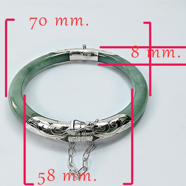 Natural Green Jade Bangle 172.72 Ct. Diameter 58 Mm. With Silver Jewelry: Product ID: 818102575 Product Name: Natural Gemstones Weight: 172.72 CT. Size: 70 x 58 x 8 MM. Shape: None Color: Green Clarity:Opaque Luster: None Gems Origin: Burma Treatment: Unheated Crystal Struc
