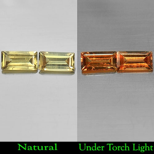 Natural Color Change Garnet 1.03 Ct. Matching Pair Baguette Shape 6.3 x 3.2 Mm Gemstone From Nigeria: Product ID: 802929629 Product Name: Natural Color Change Garnet Weight: 1.03 CT. Size: 6.3 x 3.2 x 2.2 MM. Shape: Baguette Color: Champagne Change To Orange Clarity:VSI Luster: Good Gems Origin: Niger