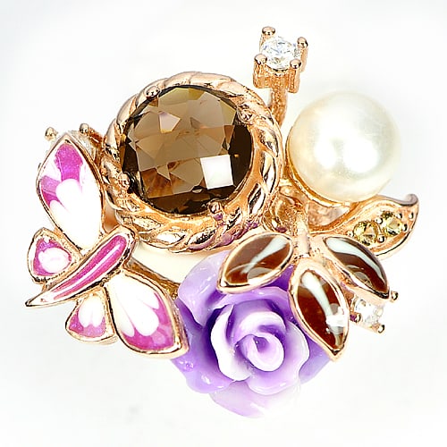 Natural Quartz and Pearl 925 Sterling Silver Ring Jewelry Rose Gold Plated 7.83 G. Size 7 (1 of 3)