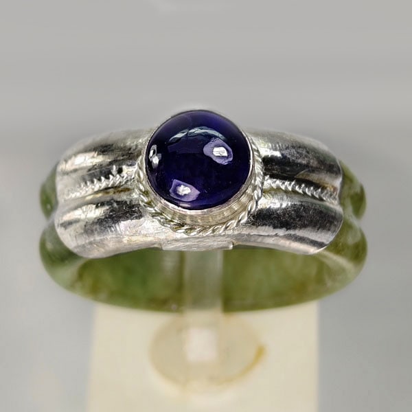 Natural Green Jade Ring 34.37 Ct. Diameter 19 Mm. With Silver Blue Sapphire Size 8.5 (1 of 3)