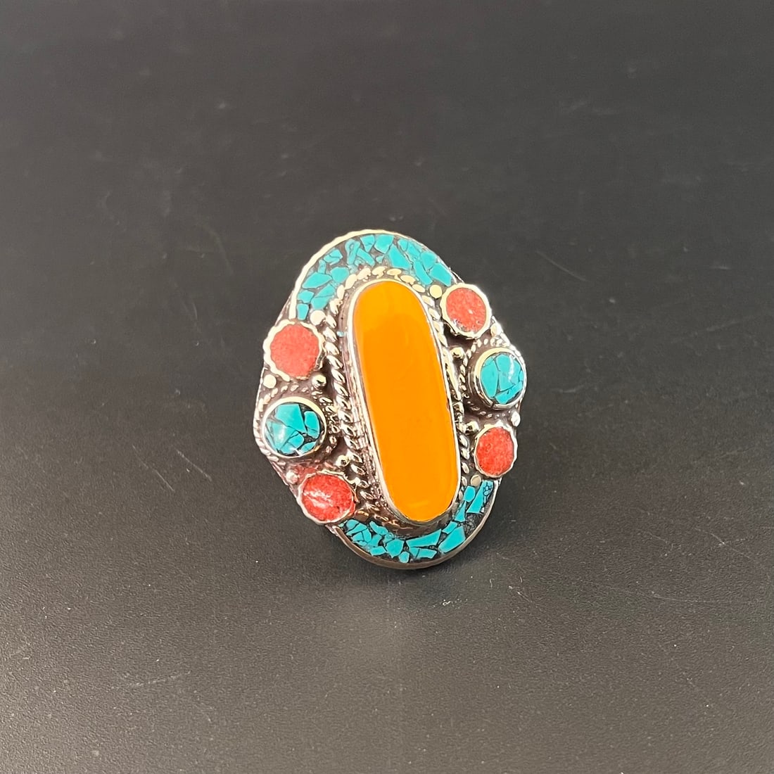 Free Size - Turquoise & Copal Handmade Ethnic Ring (1 of 3)