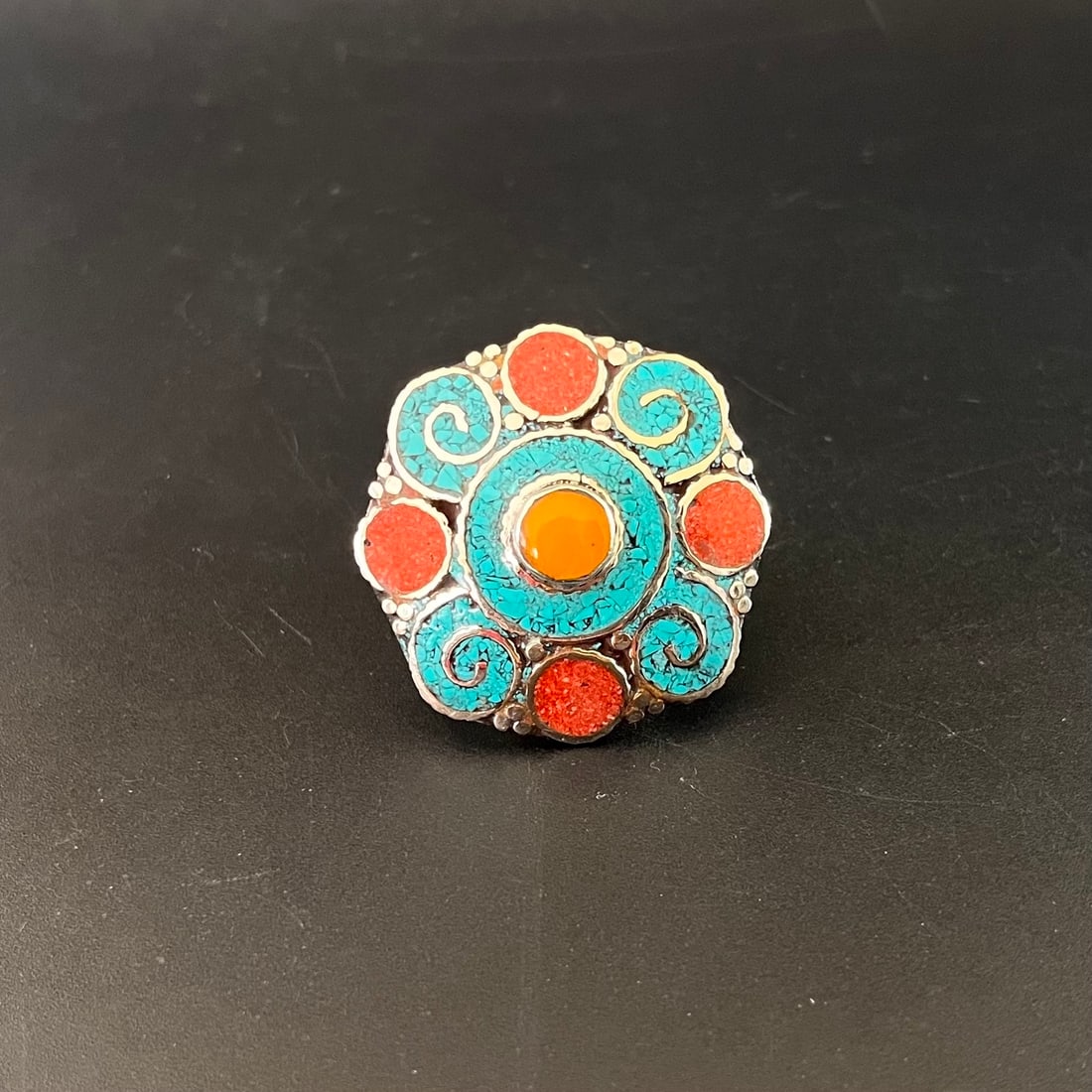 Free Size - Turquoise & Coral Handmade Boho Ring (1 of 3)