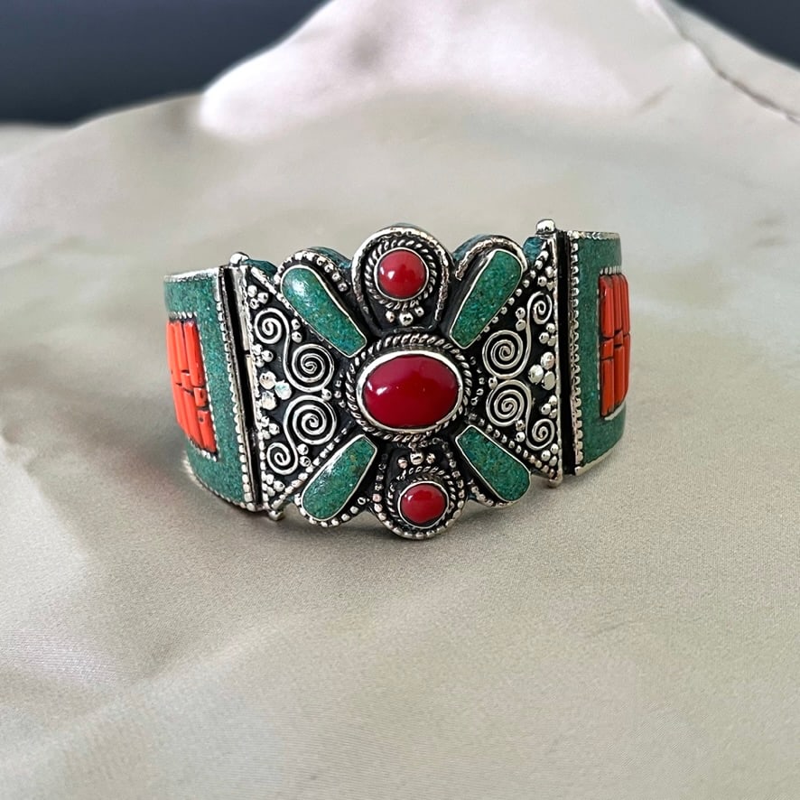 Tibetan Turquoise & Coral Handmade Ethnic Cuff Bangle (1 of 4)