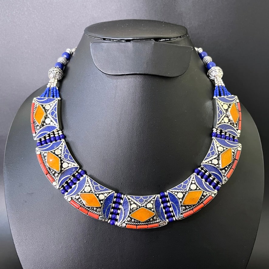 Afghani Lapis & Faux Amber Handmade Choker Necklace (1 of 3)