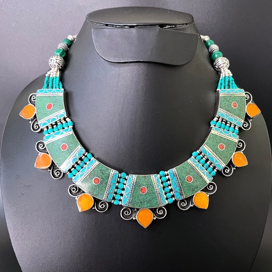 New Arrival - Turquoise & Faux Amber Handmade Choker Necklace (1 of 3)