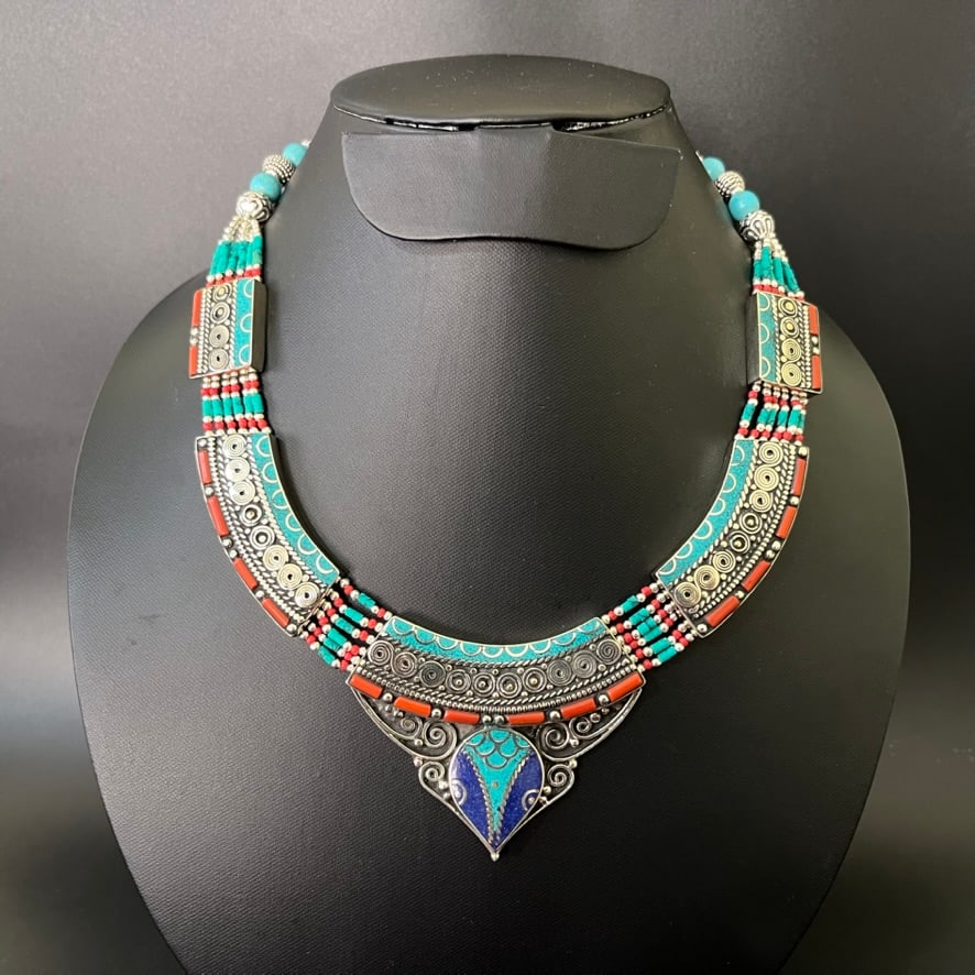 Tibetan Turquoise & Coral Handmade Choker Necklace (1 of 3)