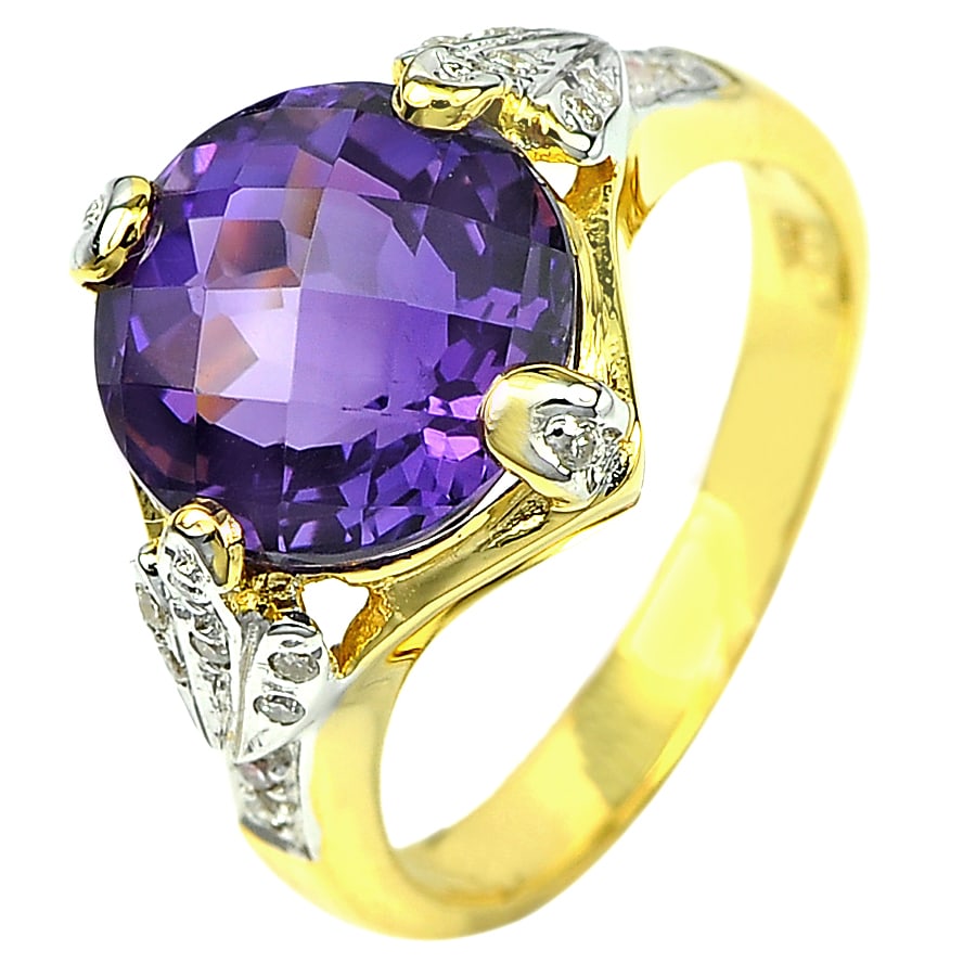 Natural Violet Amethyst 4.63 Ct. and Diamond 0.09 Ct. 14K Yellow Gold Ring Jewelry Size 6.5 (1 of 3)