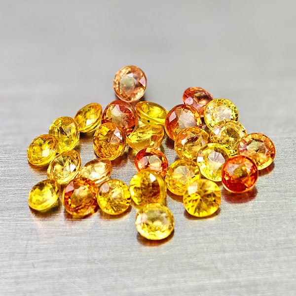 Natural Golden Yellow Songea Sapphire 3.26 Ct. 26 Pcs Round Shape 2.6 Mm Gemstones From Tanzania: Product ID: 806161935 Product Name: Natural Orange Sapphire Weight: 3.26 CT. Size: 2.6 x 2.6 x 2 MM. Shape: Round Color: Golden Orange Yellow Clarity:VSI Luster: Good Gems Origin: Tanzania Treatment: 