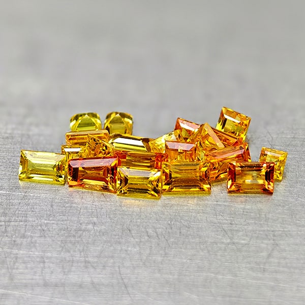 Natural Orange Yellow Sapphire 2.20 Ct. 20 Pcs Mixed Shape 3.5 x 2.1 Mm Gemstones From Tanzania: Product ID: 806161921 Product Name: Natural Fancy Color Sapphire Weight: 2.20 CT. Size: 3.5 x 2.1 x 1.9 MM. Shape: Mixed Shape Color: Orange Yellow Clarity:VSI Luster: Good Gems Origin: Tanzania Treat