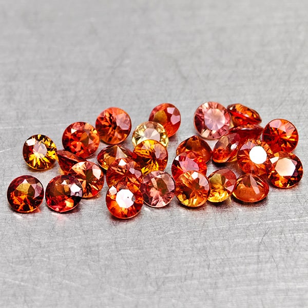 Natural Orange Red Songea Sapphire 2.26 Ct. 26 Pcs. Round Diamond Cut 2.5 Mm. Gemstones From: Product ID: 806162052 Product Name: Natural Red Sapphire Weight: 2.26 CT. Size: 2.5 x 2.5 x 1.6 MM. Shape: Round Diamond Cut Color: Red Orange Clarity:VSI Luster: Good Gems Origin: Tanzania Treatment:
