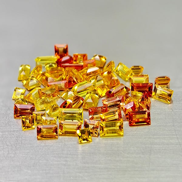 Natural Orange Yellow Sapphire 5.95 Ct. 57 Pcs Baguette Shape Mixed Size Gemstones From Tanzania: Product ID: 806161919 Product Name: Natural Fancy Color Sapphire Weight: 5.95 CT. Size: 3.3 x 2.1 x 1.3 MM. Shape: Mixed Shape Color: Orange Yellow Clarity:VSI Luster: Good Gems Origin: Tanzania Treat