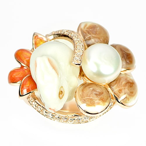 Natural Pearl and Rabbit Enamel 925 Sterling Silver Ring Jewelry Size 9 (1 of 3)