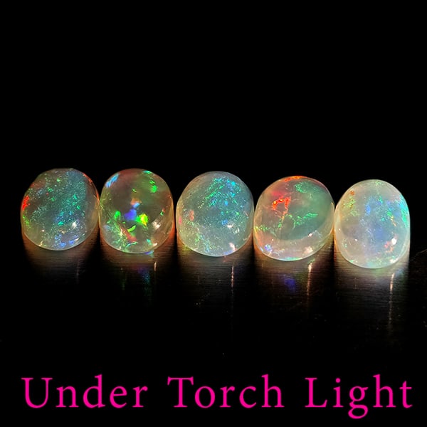 Natural Multi Color Opal 1.42 Ct. 5 Pcs Oval Cabochon Shape 6 x 4.2 Mm Gemstones From Ethiopia: Product ID: 818728068 Product Name: Natural Opal Weight: 1.42 CT. Size: 6 x 4.2 x 2.4 MM. Shape: Oval Cabochon Color: Multi-Color Clarity:Semi - Transparent Luster: Good Gems Origin: Ethiopia Treatmen
