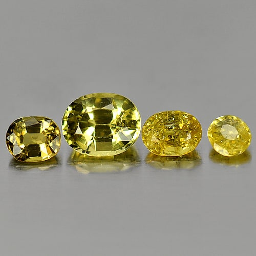 Natural Yellow Sapphire 1.60 Ct. Mix Shape 4 Pcs. Gemstones From Thailand: Product ID: 806152034 Product Name: Natural Yellow Sapphire Weight: 1.60 CT. Size: 3.5 x 3.2 x 1.8to6 x 4.9 x 3.5 MM. Shape: Round, Oval Color: Yellow Clarity:SI2 Luster: Good Gems Origin: Thailand Tr