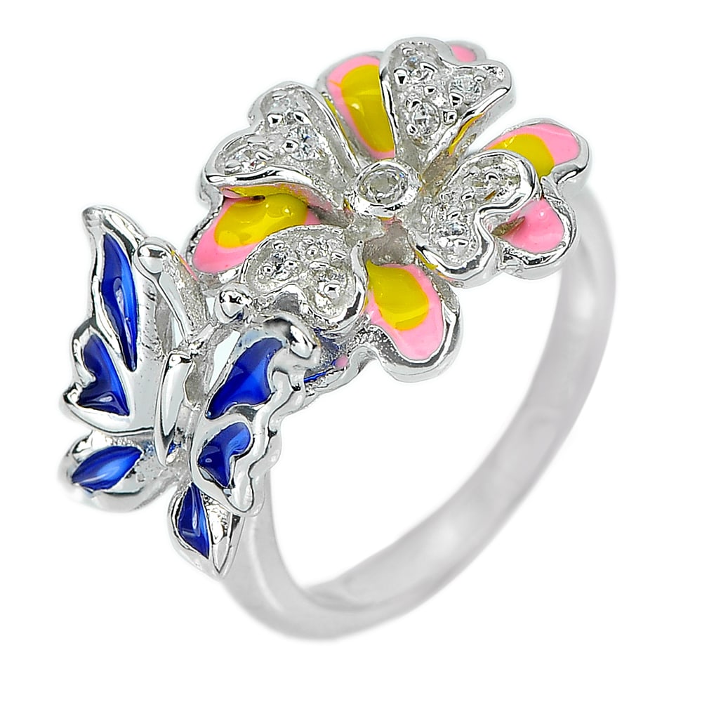 925 Sterling Silver Ring Jewelry 5.83 Grams Lovely Flower with Butterfly Enamel Size 9 (1 of 3)