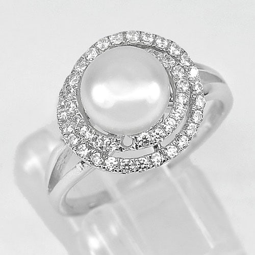 Natural White Pearl 925 Sterling Silver Ring Jewelry Size 7.5 (1 of 3)