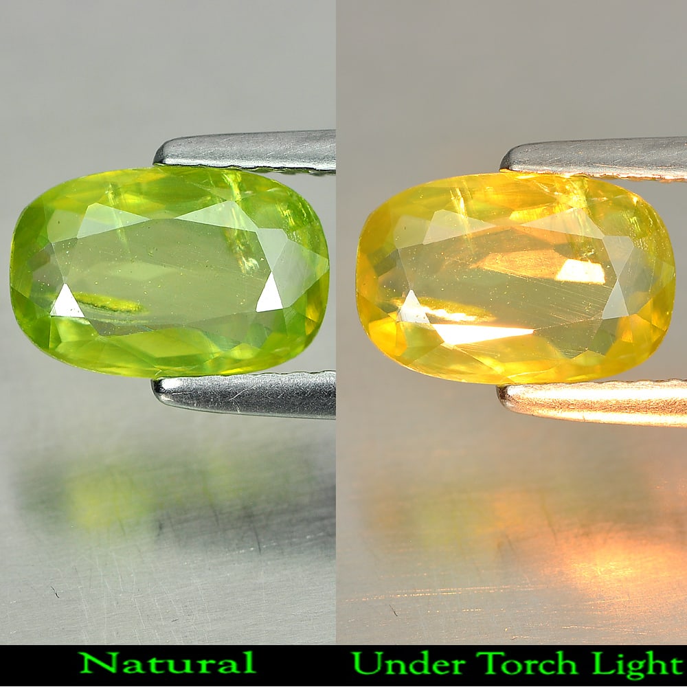 Natural Green Titanium Sphene With Rainbow Spark 1.31 Ct. Cushion Shape 9.2 x 6.2 Mm. Gemstone From: Product ID: 806507857 Product Name: Natural Sphene Weight: 1.31 CT. Size: 9.2 x 6.2 x 2.2 MM. Shape: Cushion Color: Green With Rainbow Spark Clarity:SI1 Luster: Adamantine Gems Origin: Madagascar Trea