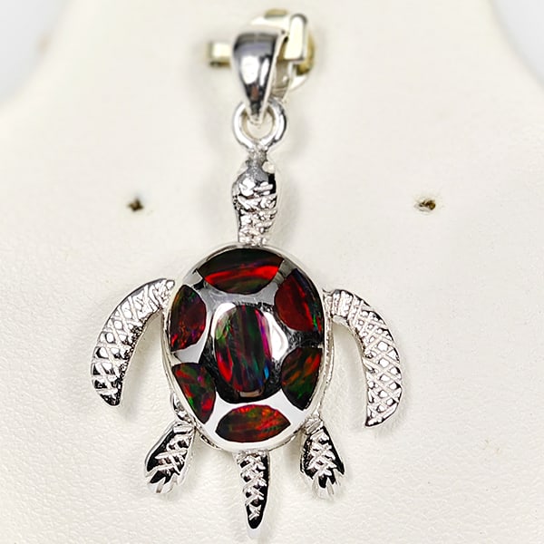 925 Sterling Silver Pendant Jewelry 4.78 Grams With Created Multi Color Orange Opal Turtle Design (1 of 3)
