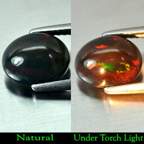 Natural Fire Red Black Opal 1.77 Ct. Oval Cabochon Shape 9.9 x 8 Mm. Unheated Gemstone: Product ID: 818724201 Product Name: Natural Opal Weight: 1.77 CT. Size: 9.9 x 8 x 5 MM. Shape: Oval Cabochon Color: Rainbow Fire Red Black Clarity:Semi - Transparent Luster: Iridescent Gems Origin: Et