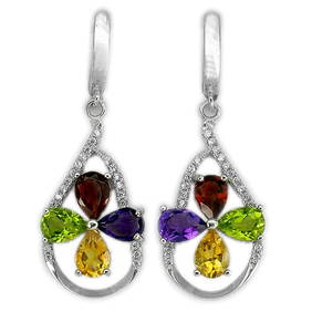 Natural Garnet Peridot Citrine Garnet 925 Sterling Silver Earrings Jewelry White Gold Plated 7.07 G. (1 of 3)
