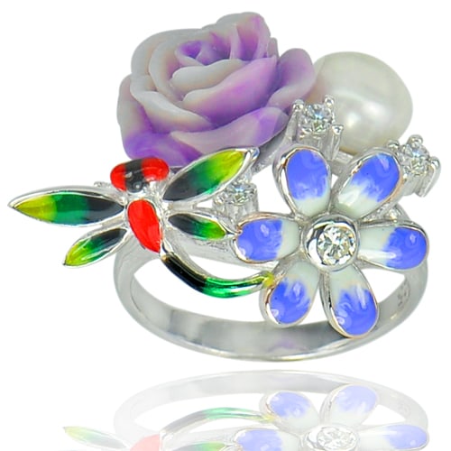 Natural 925 Sterling Silver Ring Jewelry with White Pearl and Rose Purple Resin 7.38 G. Size 7 (1 of 3)
