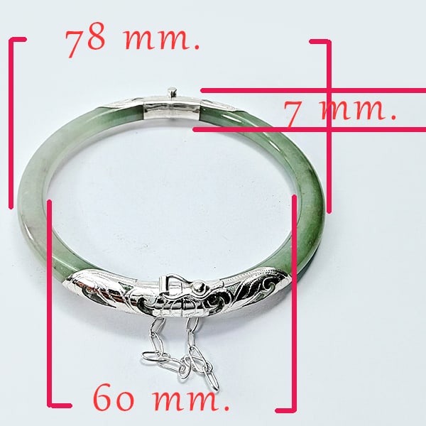 Natural Green Jade Bracelect 123.25 Ct. With Silver Jewelry 78 x 60 x 7 Mm.: Product ID: 818102572 Product Name: Natural Gemstones Weight: 123.25 CT. Size: 78 x 60 x 7 MM. Shape: None Color: Green Clarity:Opaque Luster: None Gems Origin: Burma Treatment: Unheated Crystal Struc