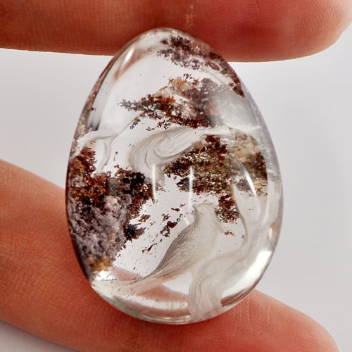 Natural Moss Quartz 75 Ct. Birds Carving Inner Pear Cabochon Shape 34 x 25 Mm. Gemstone: Product ID: 805527040 / Product Name: Natural Quartz / Weight: 75.00 CT. / Size: 34 x 25 x 15 MM. / Shape: Pear Cabochon / Color: White / Clarity:Semi - Transparent / Luster: Good / Gems Origin: Thail