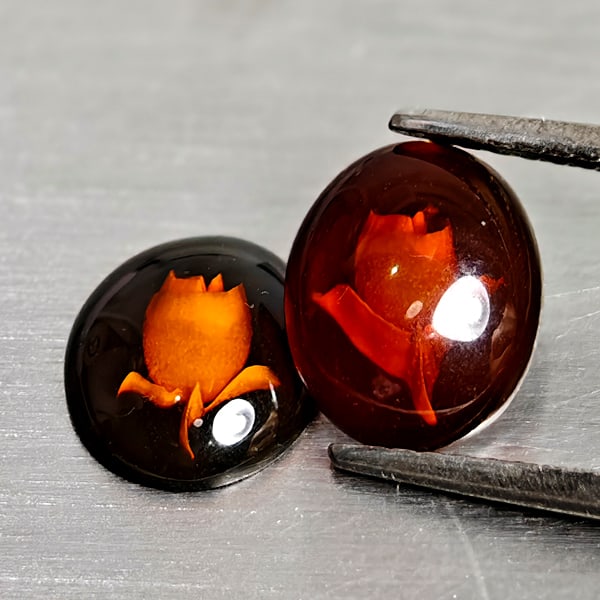Natural Amber 0.91 Ct. 2 Pcs Flower Carving In Oval Cabochon Shape 9.3 x 7.7 Mm Gemstones From (1 of 3)