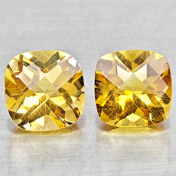 Natural Yellow Citrine 1.88 Ct. 2 Pcs Cushion Checkerboard Cut 6.3 x 6.3 Mm Gemstones From Brazil: Product ID: 801815249 Product Name: Natural Citrine Weight: 1.88 CT. Size: 6.3 x 6.3 x 4.5 MM. Shape: Cushion Checkerboard Cut Color: Yellow Clarity:VVS - VSI Luster: Good Gems Origin: Brazil Treatmen