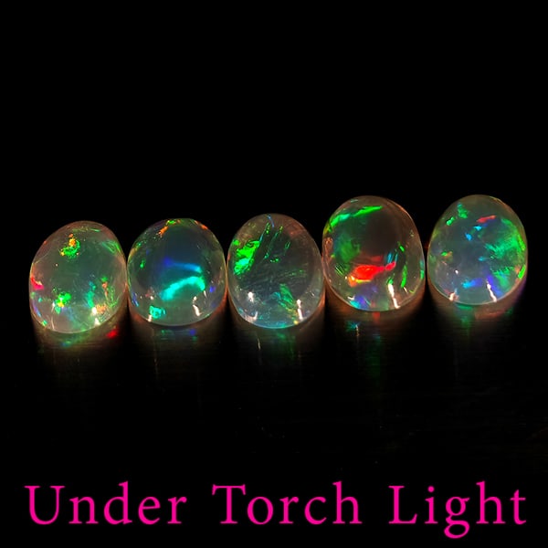 Natural Multi Color Opal 1.39 Ct. 5 Pcs Oval Cabochon Shape 6 x 4.1 Mm Gemstones From Ethiopia: Product ID: 818728079 Product Name: Natural Opal Weight: 1.39 CT. Size: 6 x 4.1 x 2.4 MM. Shape: Oval Cabochon Color: Multi-Color Clarity:Semi - Transparent Luster: Good Gems Origin: Ethiopia Treatmen