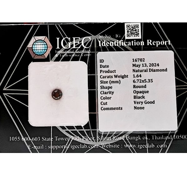 Natural Black Diamond 1.64 Ct. Round Brilliant Cut 6.72 x 5.35 Mm. From Belgium (1 of 3)