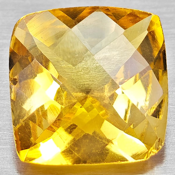 Natural Yellow Citrine 2.45 Ct. Cushion Checkerboard Cut 9.1 x 9 Mm Gemstone From Brazil: Product ID: 801815318 Product Name: Natural Citrine Weight: 2.45 CT. Size: 9.1 x 9 x 5.2 MM. Shape: Cushion Checkerboard Cut Color: Yellow Clarity:VVS - VSI Luster: Good Gems Origin: Brazil Treatment: