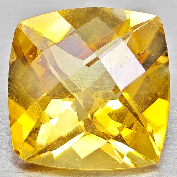 Natural Yellow Citrine 2.57 Ct. Cushion Checkerboard Cut 9 x 9 Mm Gemstone From Brazil: Product ID: 801815317 Product Name: Natural Citrine Weight: 2.57 CT. Size: 9 x 9 x 5.7 MM. Shape: Cushion Checkerboard Cut Color: Yellow Clarity:VVS - VSI Luster: Good Gems Origin: Brazil Treatment: U