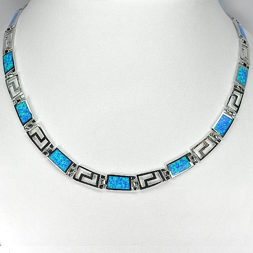925 Sterling Silver Necklace Jewelry Multi Color Blue Created Opal Length 18 Inch. (1 of 3)