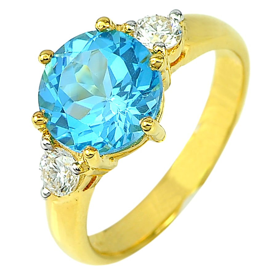 Natural Swiss Blue Topaz 3.36 Ct. and Diamond 0.35 Ct. 18K Solid Gold Jewelry 5.55 Grams Ring Size 7 (1 of 3)