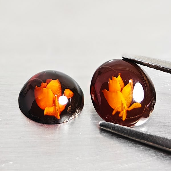 Natural Amber 0.76 Ct. 2 Pcs. Flower Carving In Oval Cabochon Shape 7.9 x 6.9 Mm Gemstone From (1 of 3)