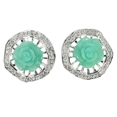 925 Sterling Silver Earrings Jewelry 6.73 Grams Beautiful Flower Rose Green Resin (1 of 3)
