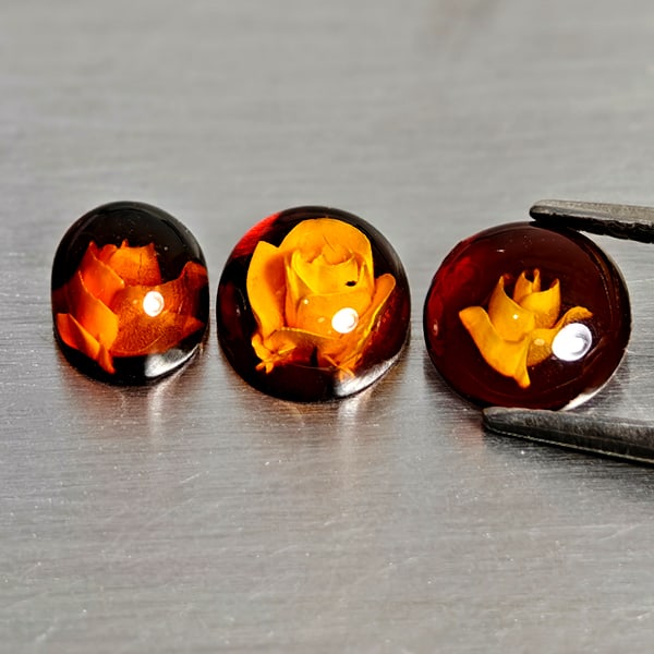Natural Amber 1.35 Ct. 3 Pcs Flower Carving In Oval Cabochon Shape Gemstones From Poland (1 of 3)